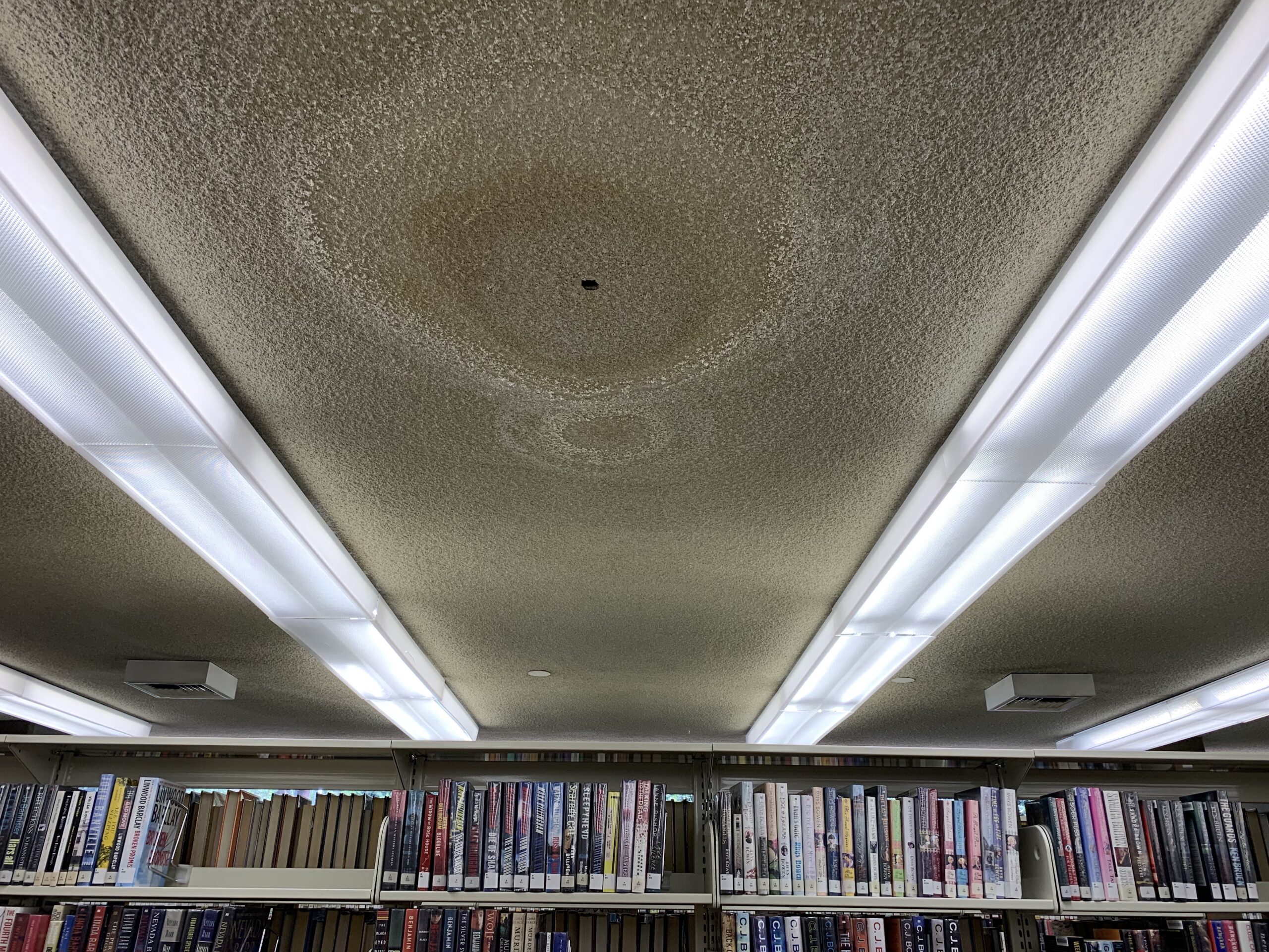 Water damage and hole in ceiling in Adult section at Main Library